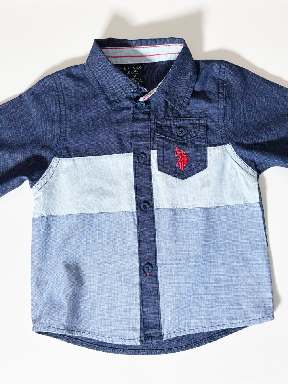 U.S. Polo Assn. Boys Colorblock Chambray Button Down Shirt Blue Red 18M